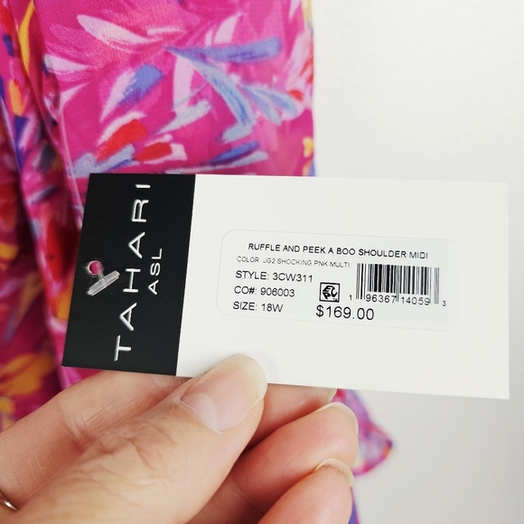 Tahari ASL Pink Printed Cold-Shoulder Asymmetric-Ruffle Dress NWT - Picture 7 of 16